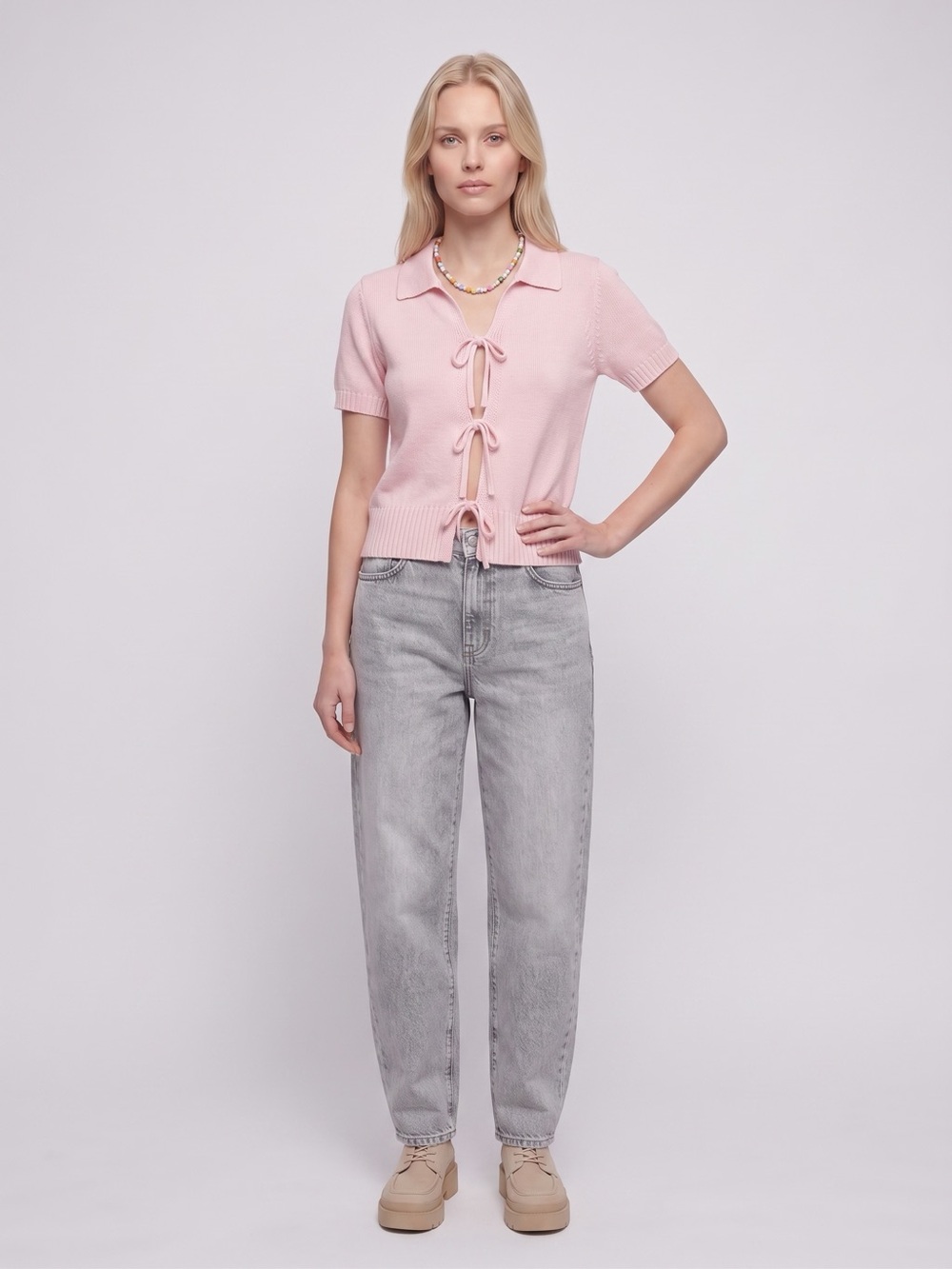 253 • Soft Pink Tie-Front Cropped Knit Top